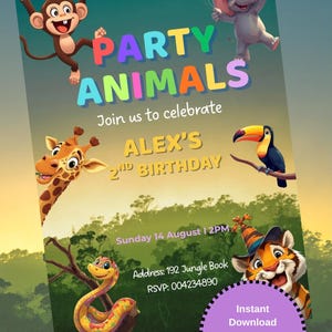Pode incluir: Um convite colorido para uma festa com animais de desenho animado, incluindo um macaco, um elefante, uma girafa, um tucano, uma cobra e um tigre. O texto diz "Party Animals" e "Alex's 2nd Birthday". Inclui data, hora, endereço e informações de RSVP. Download instantâneo, editar no Canva.