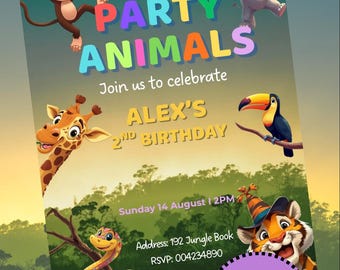 Plantilla de invitación de cumpleaños con temática de animales, invitación para fiesta infantil de safari en la jungla, invitación editable de Canva, invitación de cumpleaños con animales, InstantDownd