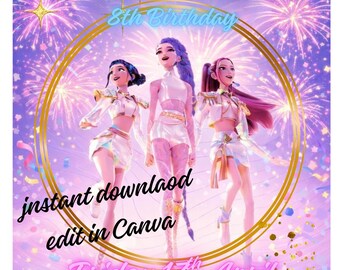 Invitación de cumpleaños de Cazadores de Demonios Kpop, plantilla editable de Canva, invitación de Huntrix, descarga digital de invitaciones K-pop
