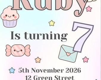 Linda invitación de cumpleaños en tonos pastel / Temática de arcoíris y gatos / Invitación editable para cumpleaños infantil / Invitación imprimible para fiesta de séptimo cumpleaños