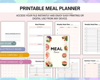 Printable Meal Planner | Weekly Meal Planner Printable | Grocery List Planner | Meal Prep Planner | Kitchen Organization Printable PDF
