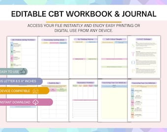 Cahier d'exercices et journal de TCC modifiables | Feuilles de travail sur la thérapie cognitivo-comportementale | Planificateur d'états d'anxiété, de dépression et de pensées PDF