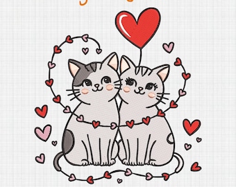 Valentine Cat Embroidery Design, Heart Love Cat Valentine Embroidery, Cute Cats Valentine Embroidery, Gift for Couples, Digital Download