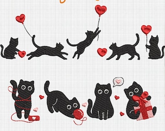 Valentine Cat Lover Embroidery Design, Heart Love Cat Valentine Embroidery Design, Valentines Day Black Cats Embroidery, Digital Download
