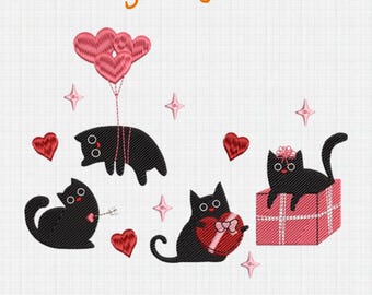 Valentine Cat Lover Embroidery Design, Heart Love Cat Valentine Embroidery Design, Valentines Day Black Cats Embroidery, Digital Download