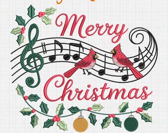 Festive Music Christmas Embroidery Design, Merry Christmas Embroidery Machine File, Instant download