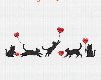 Valentine Cat Lover Embroidery Design, Heart Love Cat Valentine Embroidery Design, Valentines Day Black Cats Embroidery, Digital Download