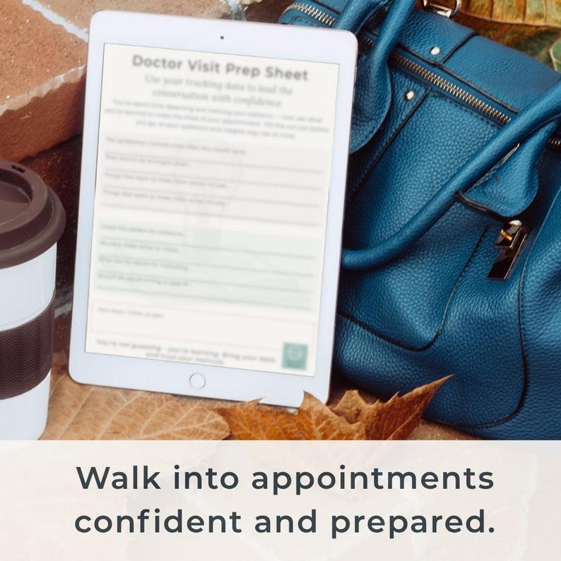 May include: A white tablet displays a "Doctor Visit Prep Sheet" with text. A teal handbag, a brown travel mug, and autumn leaves are in the background. The image is promoting confidence and preparation.