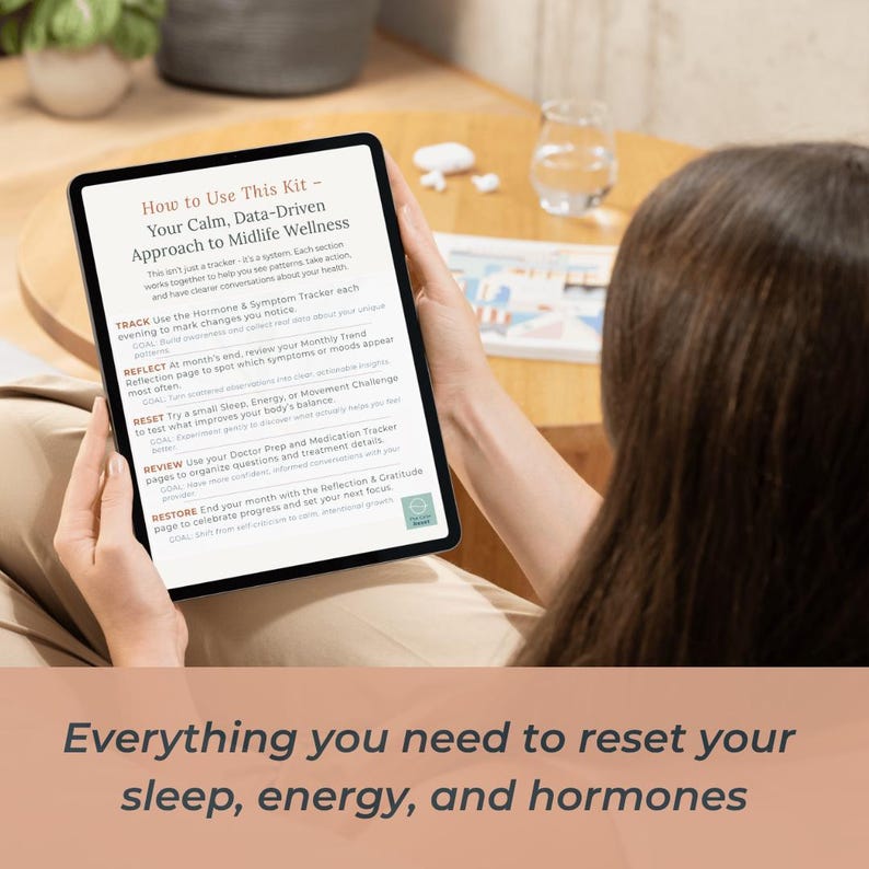 May include: A person holding a tablet displaying text: "How to Use This Kit - Your Calm, Data-Driven Approach to Midlife Wellness." The tablet also shows instructions for tracking hormones, symptoms, and energy. The bottom of the image reads: "Everything you need to reset your sleep, energy, and hormones."