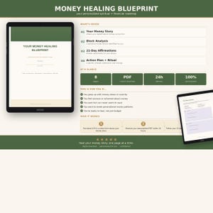 May include: A digital product titled "Money Healing Blueprint" displayed on two tablets. The product promises a personalized spiritual and financial roadmap. The image includes text detailing the product's contents, including affirmations and action plans.