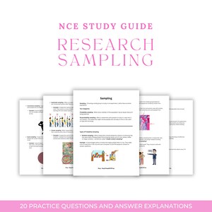 以下が含まれることがあります： Research Samplingと題されたNCE学習ガイド。教育コンテンツ、図解、イラストが記載された複数のページで構成され、様々なサンプリング手法を解説しています。20問の練習問題と回答の解説が含まれています。