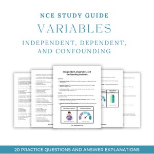 Könnte beinhalten: Ein NCE-Studienleitfaden mit mehreren Seiten Text und Diagrammen zu unabhängigen, abhängigen und Störvariablen. Das Dokument enthält Übungsfragen, Erklärungen zu den Antworten sowie Illustrationen einer atmenden Person und eines Energy-Drinks.