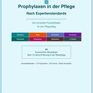 Puede incluir: Documento azul claro titulado "Prophylaxen in der Pflege" con texto en alemán. Incluye una lista de afecciones médicas y el nombre "Ali" con más de 10 años de experiencia. El documento es formato A4.