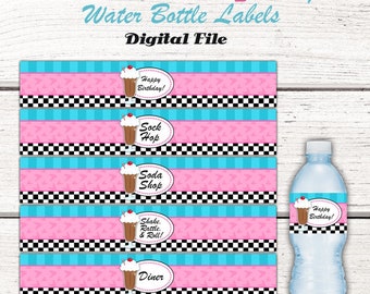 1950's Water Bottle Labels, Fifties Birthday Party, 50's Birthday Party Decor, Instant Download, Sock Hop, Diner, 1950's birthday party PINK