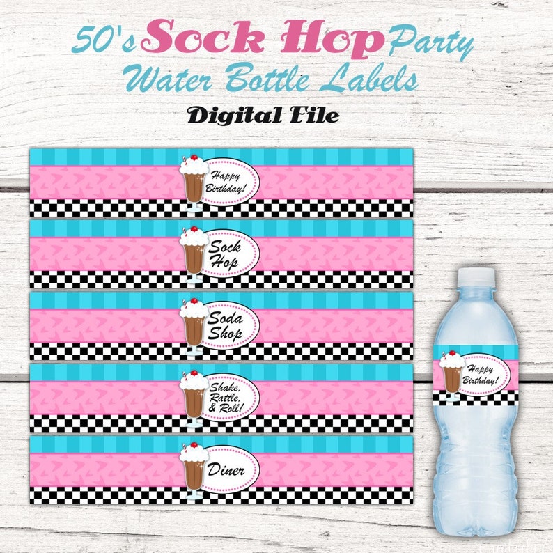 1950's Water Bottle Labels, Fifties Birthday Party, 50's Birthday Party Decor, Instant Download, Sock Hop, Diner, 1950's birthday party PINK image 1
