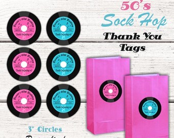 1950's Birthday Party 3 inch Thank you tags, 50's sock hop party, Fifties party, gift tags, favor tags, Pink & Turquoise, Digital file