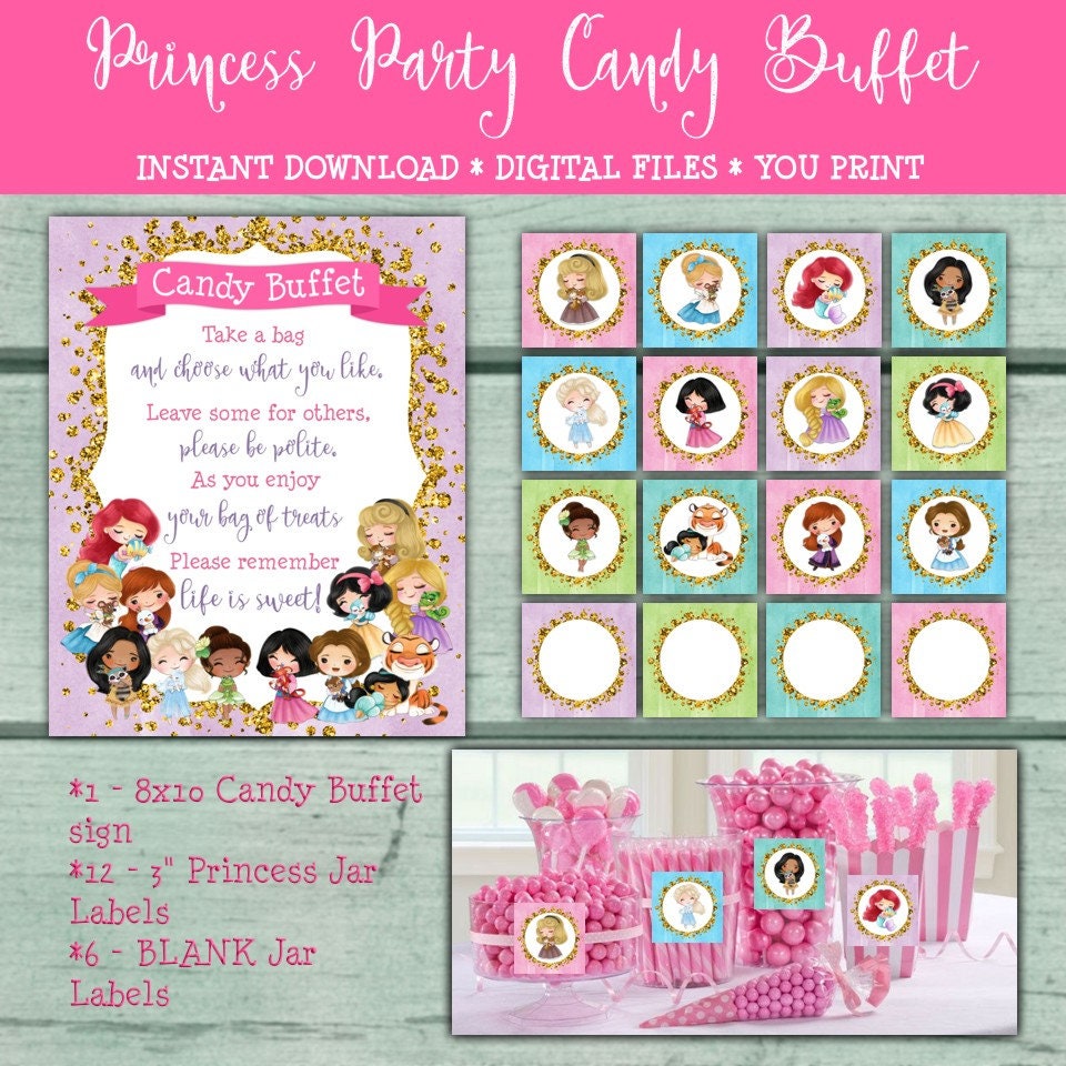 Princess Birthday Party Candy Buffet Sign, Candy Buffet Jar Labels, Little Princess, Princess Baby Shower, Treat Buffet, Party decorations