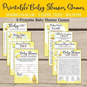 Bumblebee Baby Shower Games Package. 8 Printable Bee Baby Shower Games. Bingo, Price is Right, ABC&#39;s, Word Search, Scramble, Nursery Rhyme