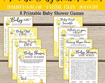 Bumblebee Baby Shower Games Package. 8 Printable Bee Baby Shower Games. Bingo, Price is Right, ABC's, Word Search, Scramble, Nursery Rhyme