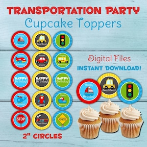 Transportation Party Cupcake Toppers, Transportation Birthday Party, Cupcake Toppers, Transportation Party Tags, Planes, Trains, Automobiles