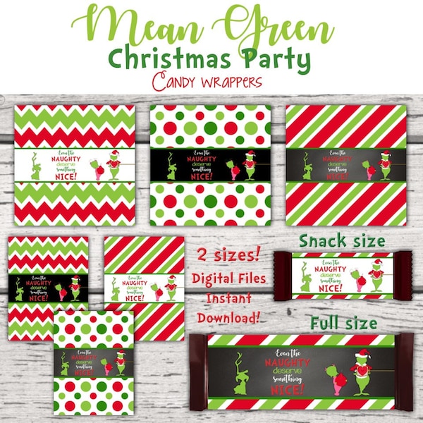 Mean Green Christmas Monster Candy Wrappers. Holiday Party. Christmas Party. Christmas Grouch. Mean One Christmas chocolate wrappers. DIY