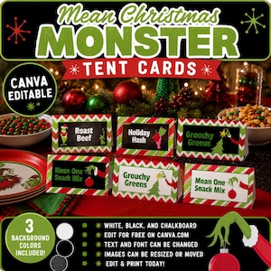 Mean Green Christmas Monster Tent Cards. Holiday Party Table Cards. Christmas Party . Christmas Grouch. Mean One Christmas Buffet