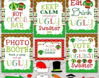 Ugly Christmas Sweater Party Signs. Ugly Christmas Sweater Photo Props. Ugly Christmas Sweater voting cards. Christmas Party decorations