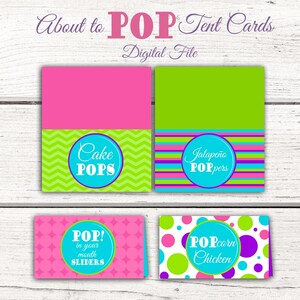 Ella está a punto de sacar tarjetas de carpa de baby shower. A punto de estallar las tarjetas de comida. Listo para pop Baby Shower. Ir a Pop Baby Shower Table Cards