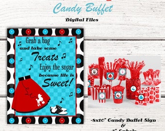1950's Birthday Party Candy Buffet sign, Candy Jar Labels,50's, sock hop, Red & Turquoise, Fifties, 50's party decorations