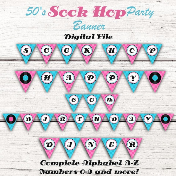 1950's Birthday Party Banner. Fifties party decorations. Sock Hop Party Banner. 50's Party. Birthday Banner. Pink. Turquoise. Alphabet A-Z