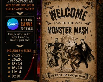 Letrero de bienvenida para fiesta de Halloween / Letrero editable para fiesta de Halloween / Decoración vintage de Halloween / Plantilla de Canva / Descarga instantánea