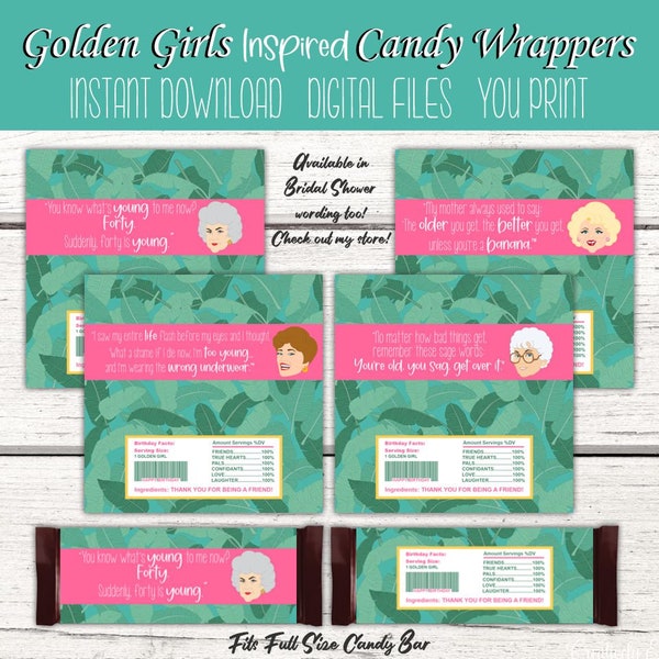 Golden Girls Party. Golden Girls inspired birthday Party. Golden Girls Candy Bar Wrappers. Golden Girls Party Favors. 80's Tv show Theme