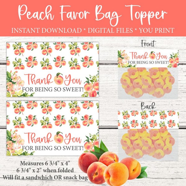 Peach Bag Topper. Peach Treat Topper. Peach Party Favor. Sweet as a Peach. Peaches n' Cream. Birthday Party. Baby Shower. Bridal Shower