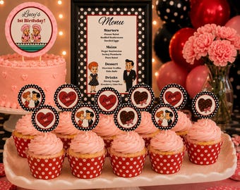 Adornos para cupcakes "I Love Lucy" para imprimir, círculos personalizados para fiestas, despedidas de soltera, cumpleaños, baby shower, editables en CANVA.