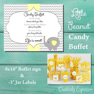 Grey and Yellow Chevron Baby Shower Candy Buffet Sign. Little Peanut Baby Shower. Elephant Baby Shower. Candy Buffet Candy Jar labels.