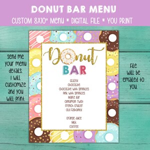 Individuelles Donut Party Menü. Donut Bar Menü. Donut Buffet Menü. Donut Grow Up Geburtstagsparty. Mit Liebe donut Baby Shower besprenkelt. Party Dekor
