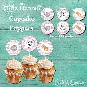 Gray and Pink Chevron Baby Shower Cupcake Toppers. Digital file. Little Peanut Baby Shower Cupcake Toppers. Elephant Baby Shower. Baby Girl