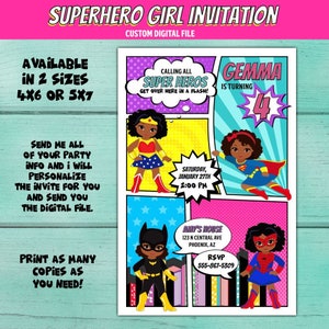 Superhero Girl Birthday Party Invitation. African American Super Hero Girl Invitation. Supergirls. Comic book Girls Birthday Invite.