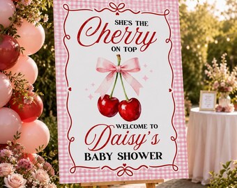 Letrero de bienvenida para baby shower con diseño de cerezas, póster editable en Canva, cerezas a cuadros (descarga digital)
