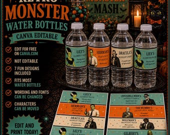 Retro Monster Water Bottle Labels | Editable Halloween Party Decorations | Vintage Monster Mash Drink Label | Frankenstein Water Bottle Wrap
