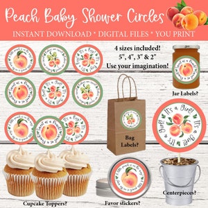 Peach Baby Shower, Peach cupcake toppers, Peach bag labels, Peach centerpiece circles, Peach Favor stickers, Sweet as a Peach Jar Labels