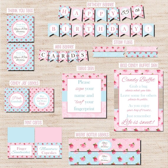 Custom Vintage Shabby Chic Rose Party Decorations Printables Etsy