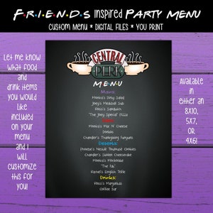 Custom Friends Inspiriertes Party Menü. Geburtstagskarte. Freunde Buffet Menü. Freunde Baby Shower. Freunde Brautdusche. Freunde Party Essen