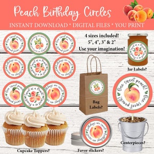 Peach Birthday Party, Sweet as a Peach, Peach cupcake toppers, Peach bag labels, Peach centerpiece circles, Peach Favor stickers, Jar Labels