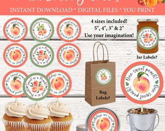 Peach Birthday Party, Sweet as a Peach, Peach cupcake toppers, Peach bag labels, Peach centerpiece circles, Peach Favor stickers, Jar Labels