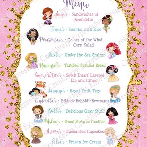Custom Princess Birthday Party Menu, Princess Baby Shower Menu, Menu ...