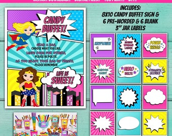 Superhero Girl Candy Buffet, Superhero Girl Candy Jar Labels, Superhero Girl Birthday Party, Super Girl Buffet, Super Girl Table decorations
