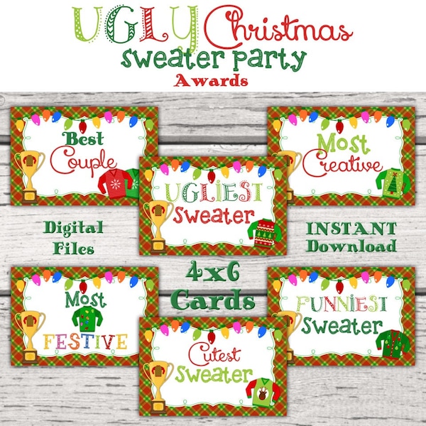 Ugly Christmas Sweater Party Awards, Ugly Christmas Sweater party, Tacky Sweater Party, Holiday Party, Decorations, Favors, YOU PRINT