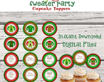 Ugly Christmas Sweater Party Cupcake Toppers. Ugly Christmas Sweater printables. Ugly Christmas Sweater decorations. Party supplies