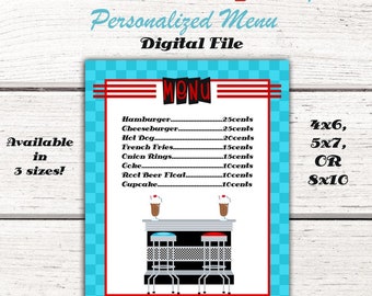 1950's Birthday Party Menu, 50's, Fifties, sock hop, diner, 50's party decoration, RED & TURQUOISE, Digital File